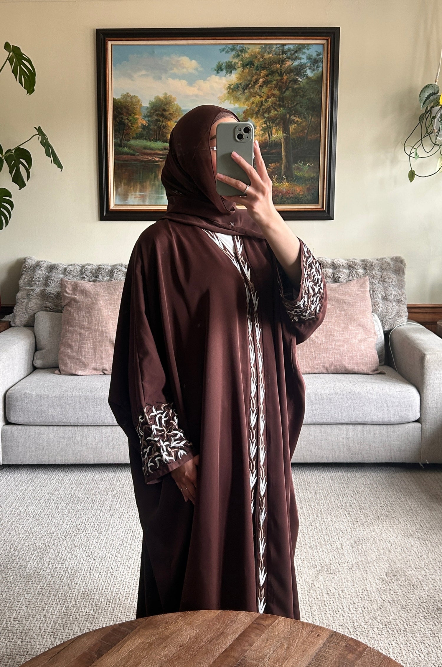 Embroidered chocolate brown Abaya, elegant modest clothing for women.