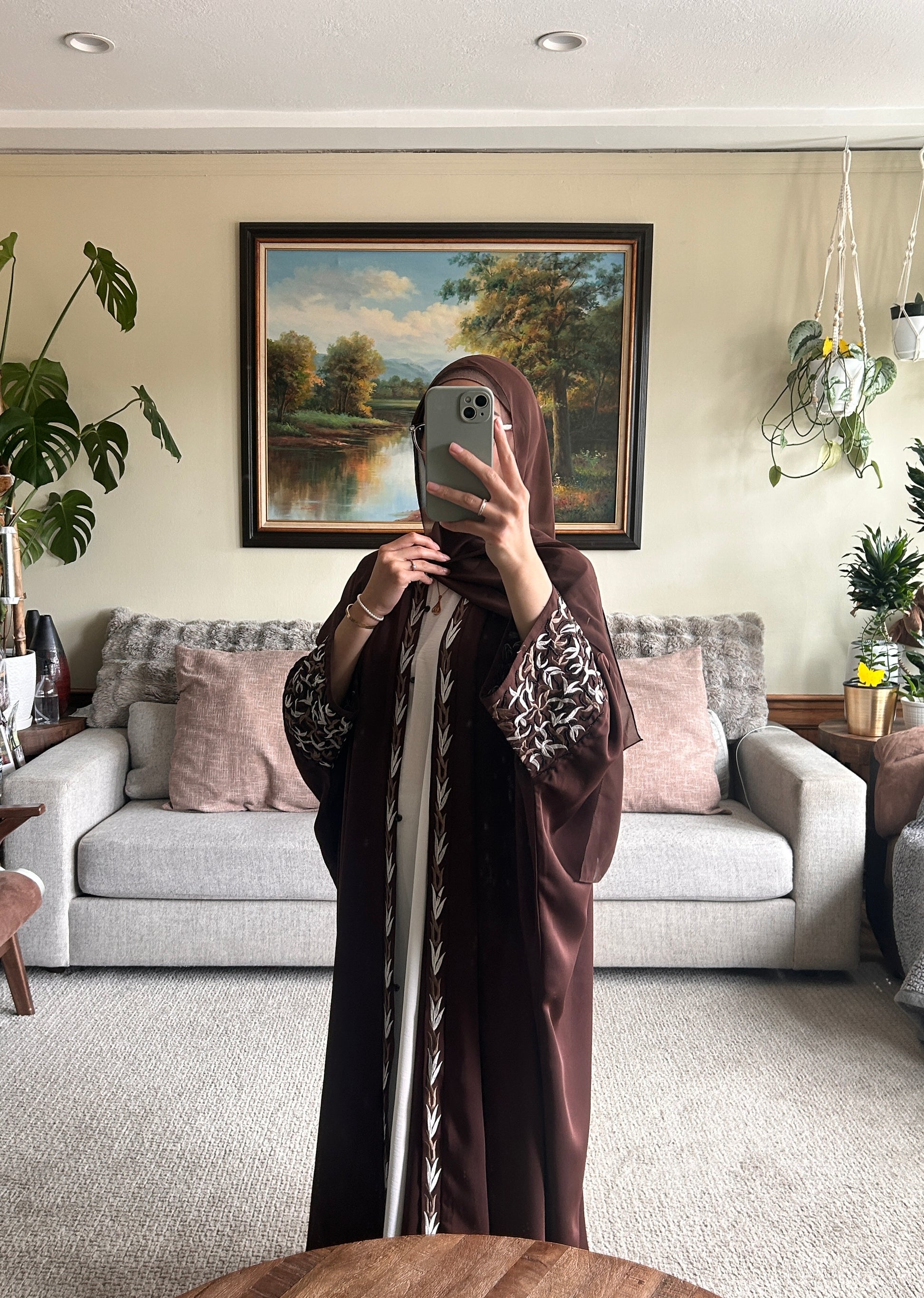 Embroidered chocolate brown Abaya, elegant modest clothing for women.