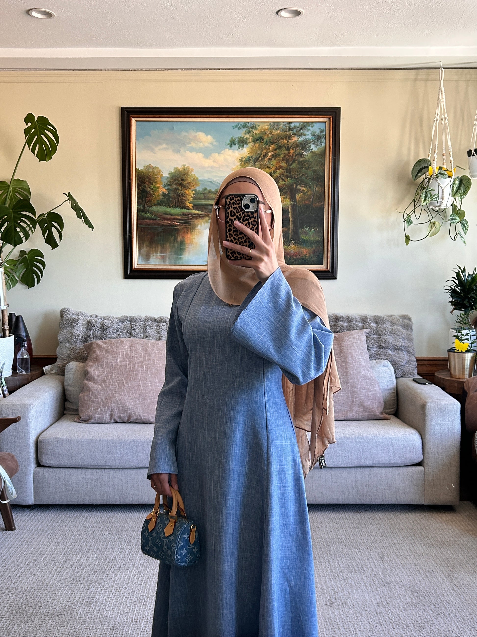 denim linen dress Deep V-Neck Denim Blue Zero Waste Caftan Dress - M/L