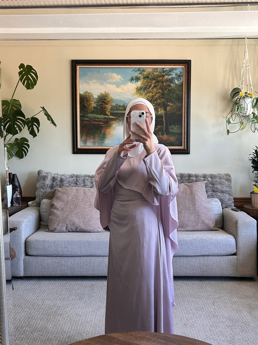 Lilac Satin Dress with Shawl