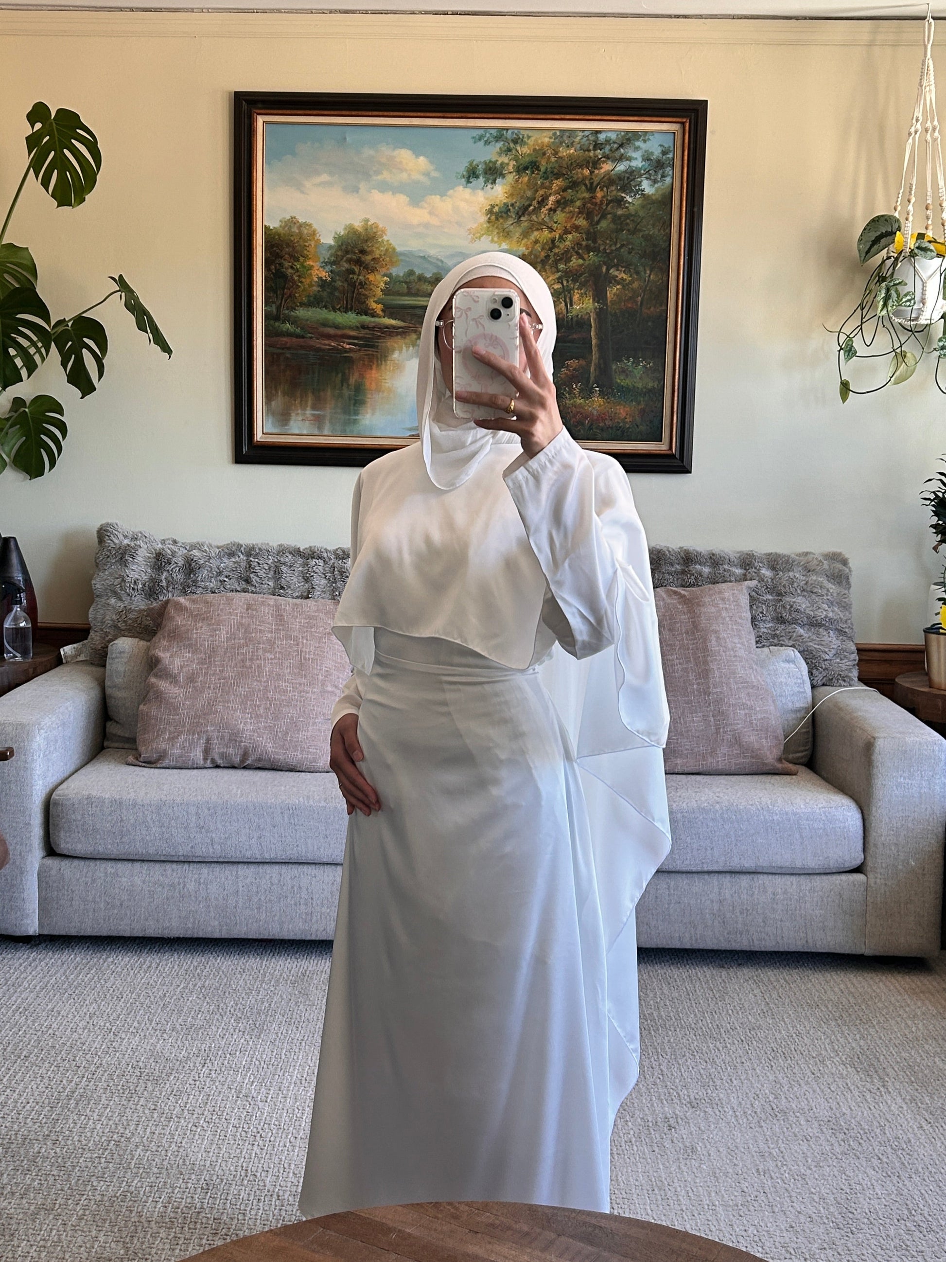 White Satin Dress with Shawl | Abayas with matching sets, hijabs, belts and  more